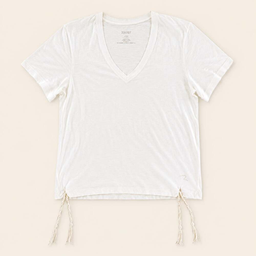 2(X)IST White V Neck Fringe Side Slit Tee Shirt Men’s L Minimalist Boho